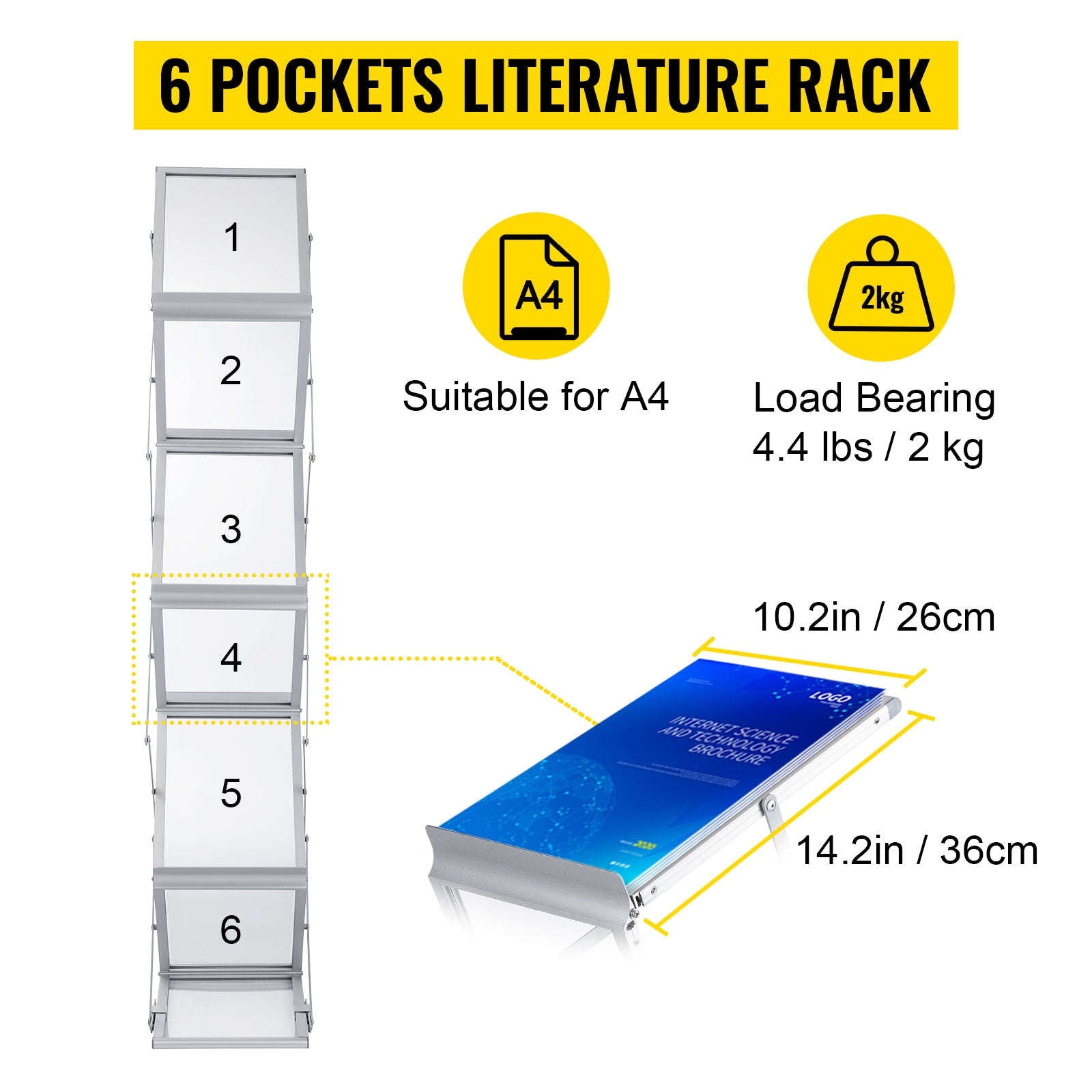 Foldable Magazine Display Rack with 6 Pockets and Carrying Bag-Aluminum Alloy / United States
