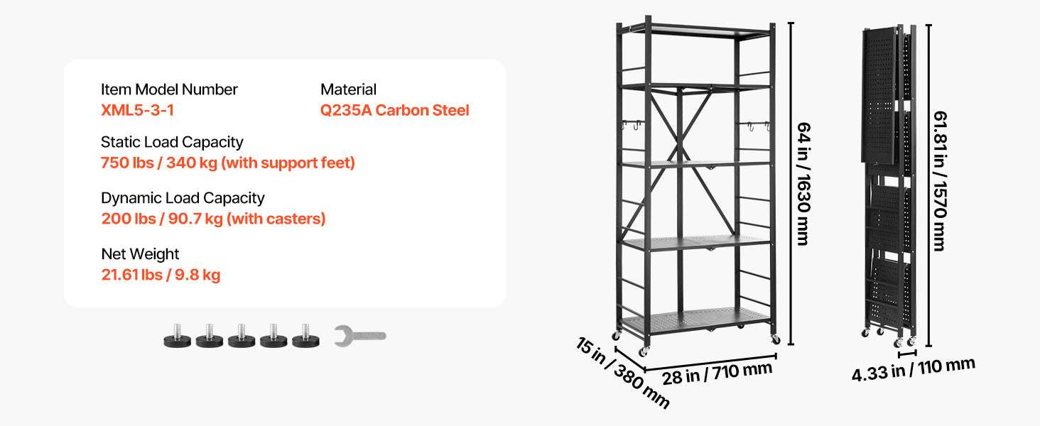 Foldable Metal Storage Shelf with Wheels Heavy Duty Garage Rack-Black 4 Tire / United States