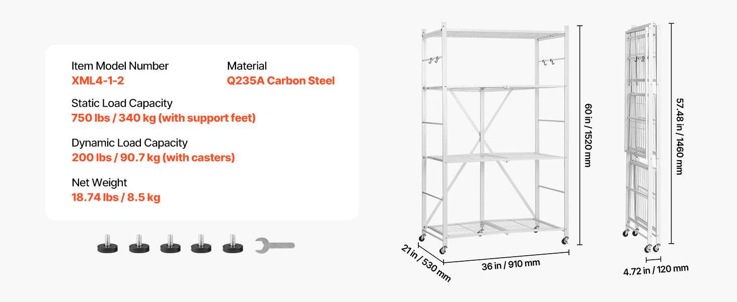 Foldable Metal Storage Shelf with Wheels Heavy Duty Garage Rack-Black 4 Tire / United States