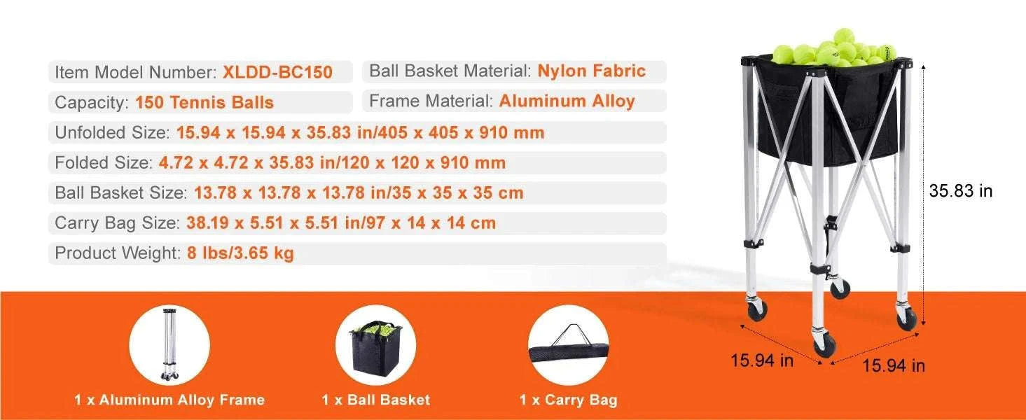 Foldable Tennis Ball Cart with Wheels Holds 150–180 Balls-150 Balls Capacity / spain