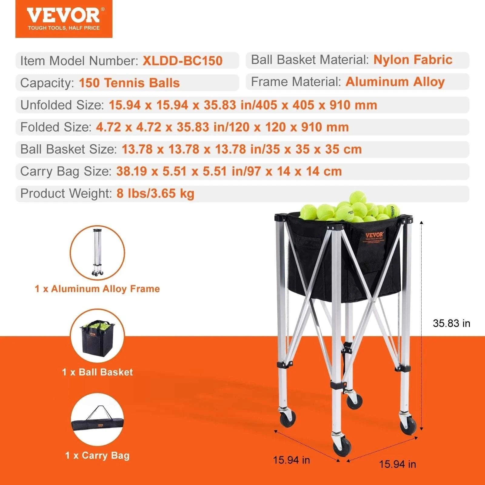 Foldable Tennis Ball Cart with Wheels Holds 150–180 Balls-150 Balls Capacity / spain