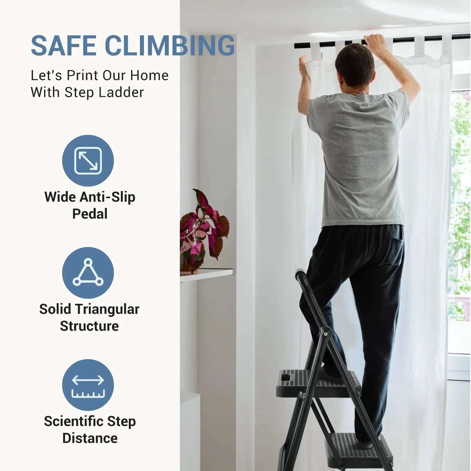 Folding 2-Step Ladder Stool with Anti-Slip Pedals 800 lb Capacity-Blue / United States