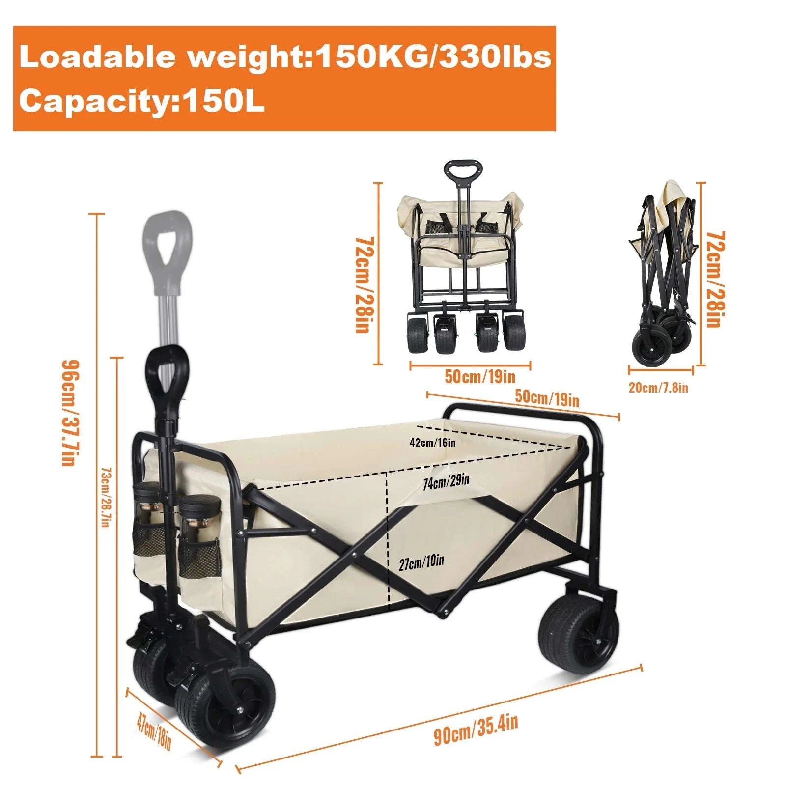 Folding Camping Cart with 100L/150L Capacity & All-Terrain Wheels-TypeA-Beige / france