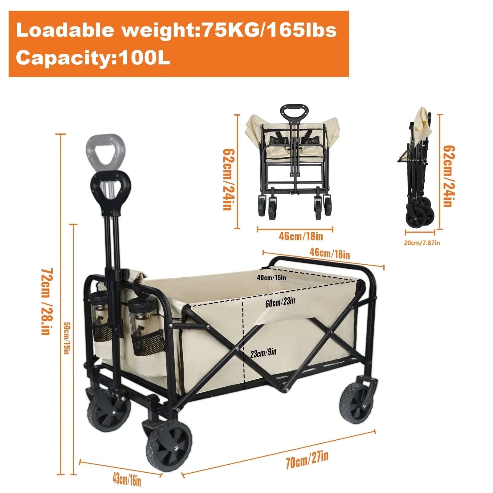 Folding Camping Cart with 100L/150L Capacity & All-Terrain Wheels-TypeA-Beige / france