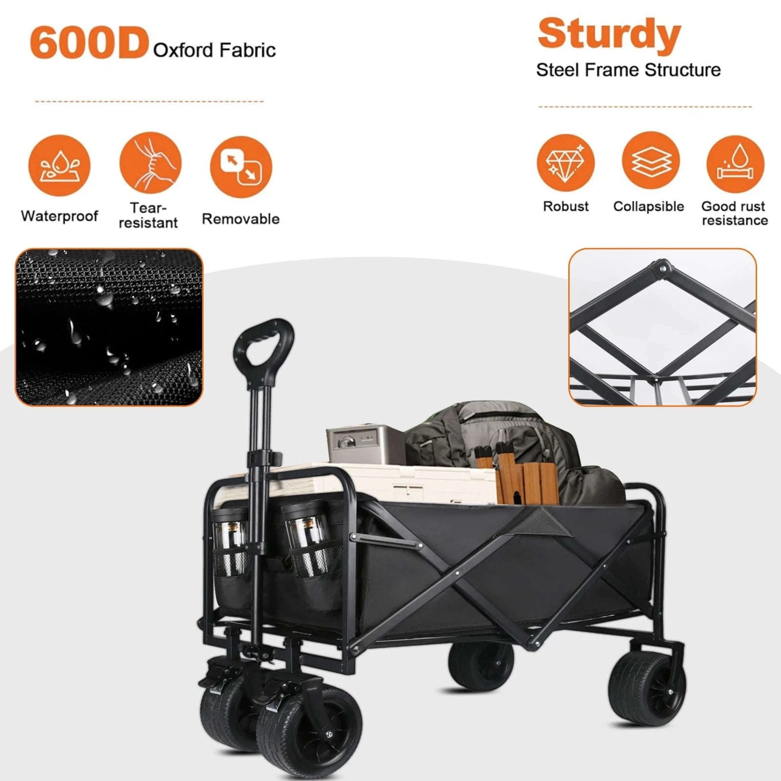 Folding Camping Cart with 100L/150L Capacity & All-Terrain Wheels-TypeA-Beige / france