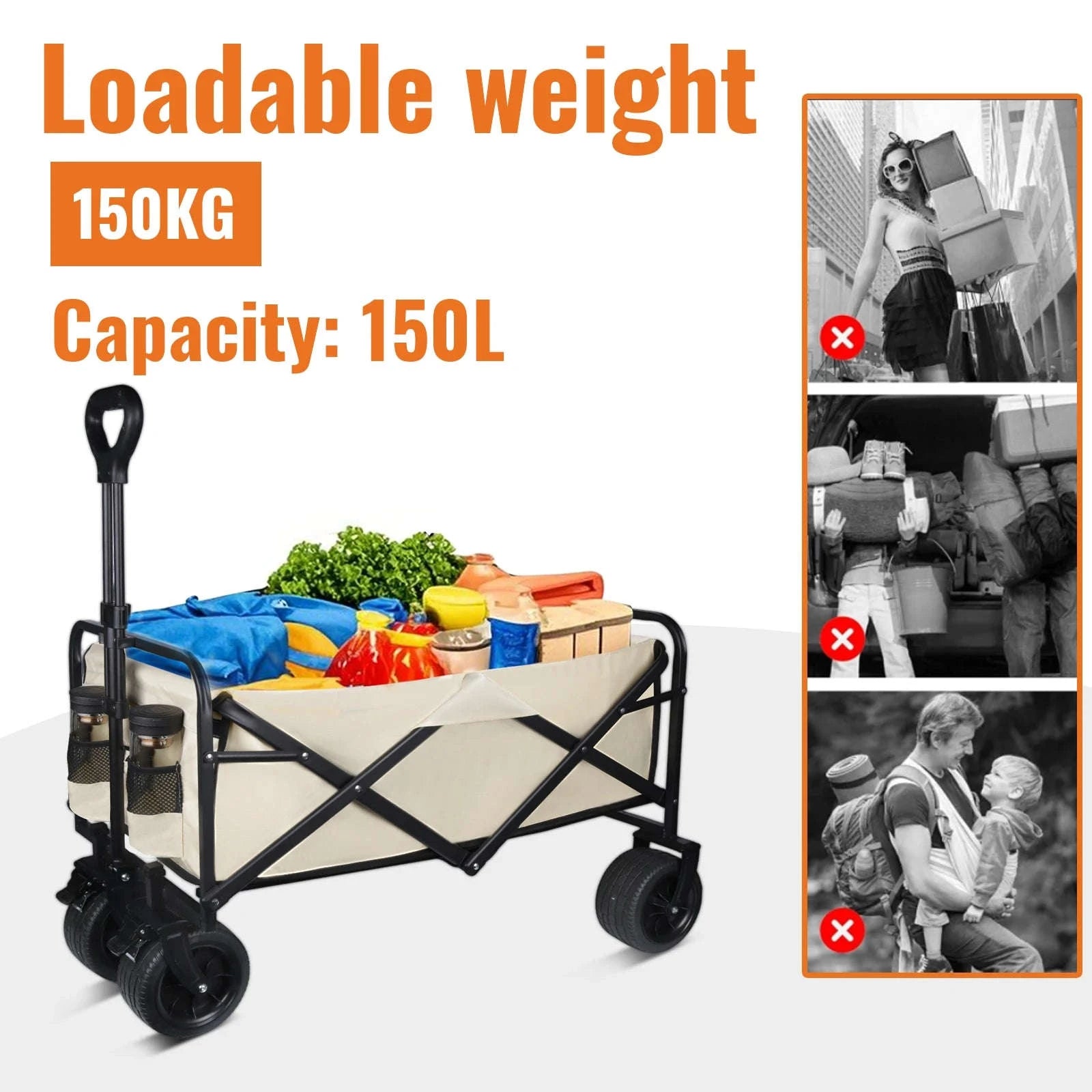 Folding Camping Cart with 100L/150L Capacity & All-Terrain Wheels-TypeA-Beige / france