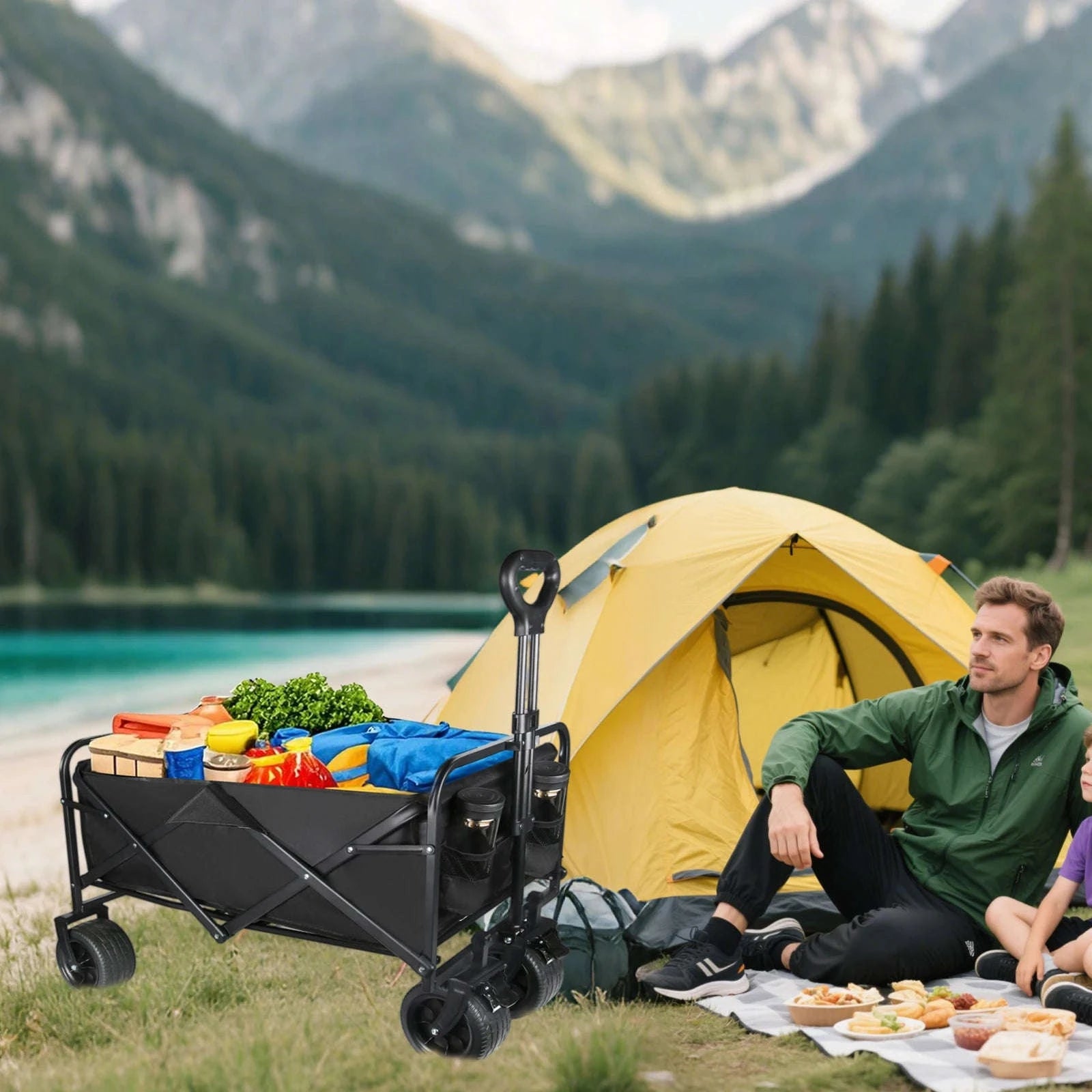 Folding Camping Cart with 100L/150L Capacity & All-Terrain Wheels-TypeA-Beige / france