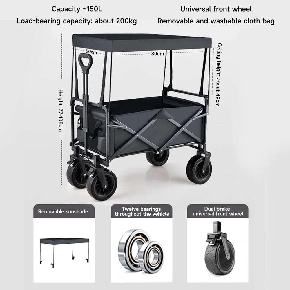 Folding Camping Cart with 100L/150L Capacity & All-Terrain Wheels-TypeA-Beige / france