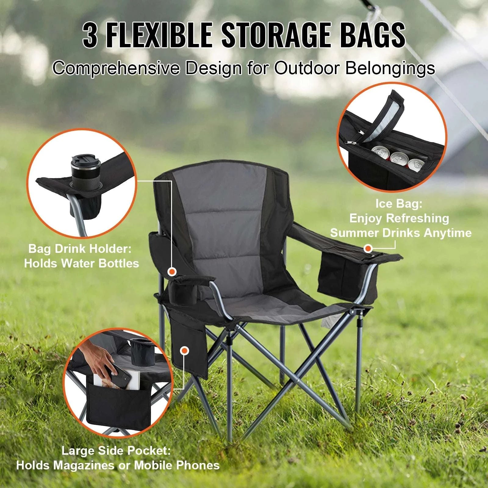 Folding Camping Chair with Lumbar Support and Storage Pockets-United States