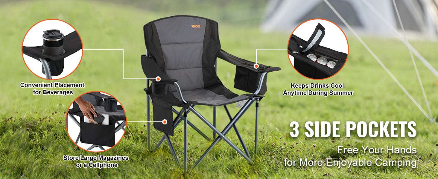 Folding Camping Chair with Lumbar Support and Storage Pockets-United States