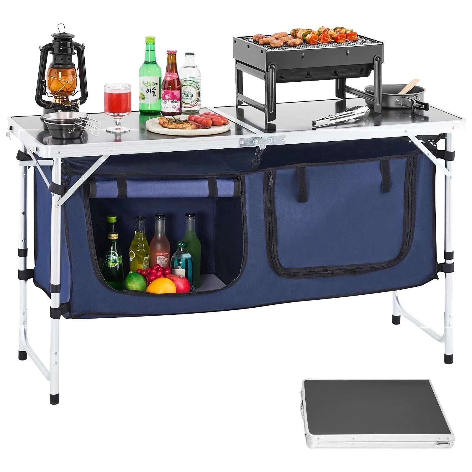 Folding Camping Kitchen Table with Storage & Adjustable Height-Blue / United States