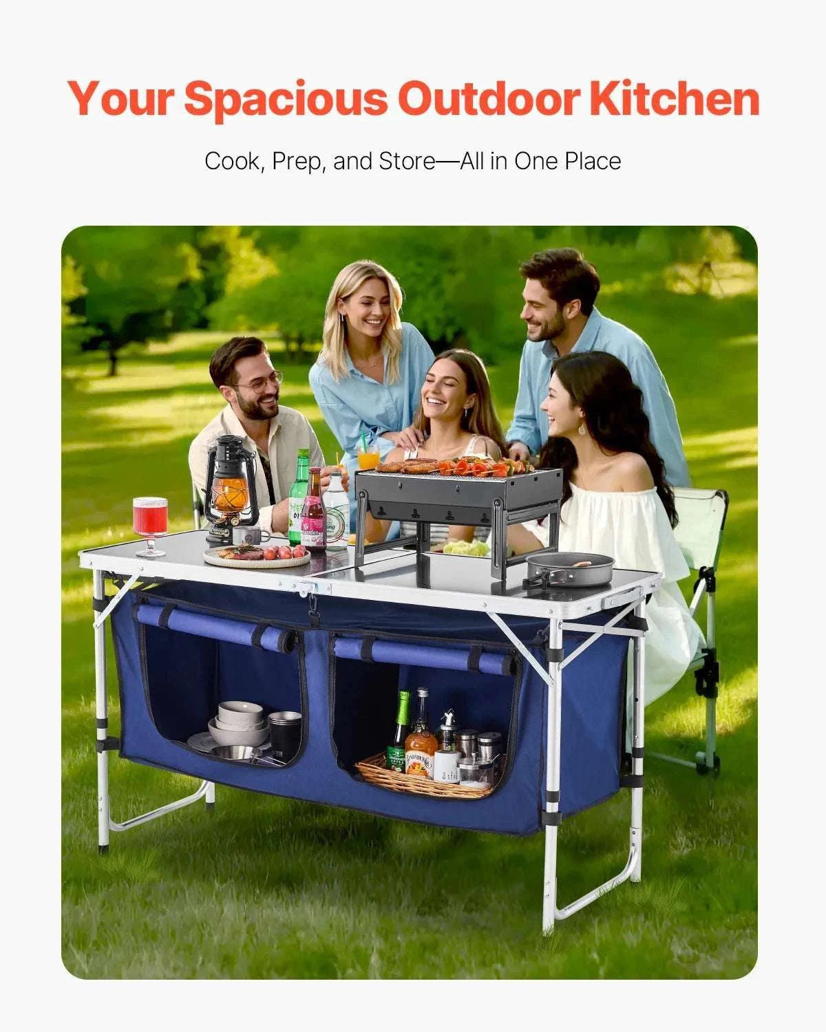 Folding Camping Kitchen Table with Storage & Adjustable Height-Blue / United States