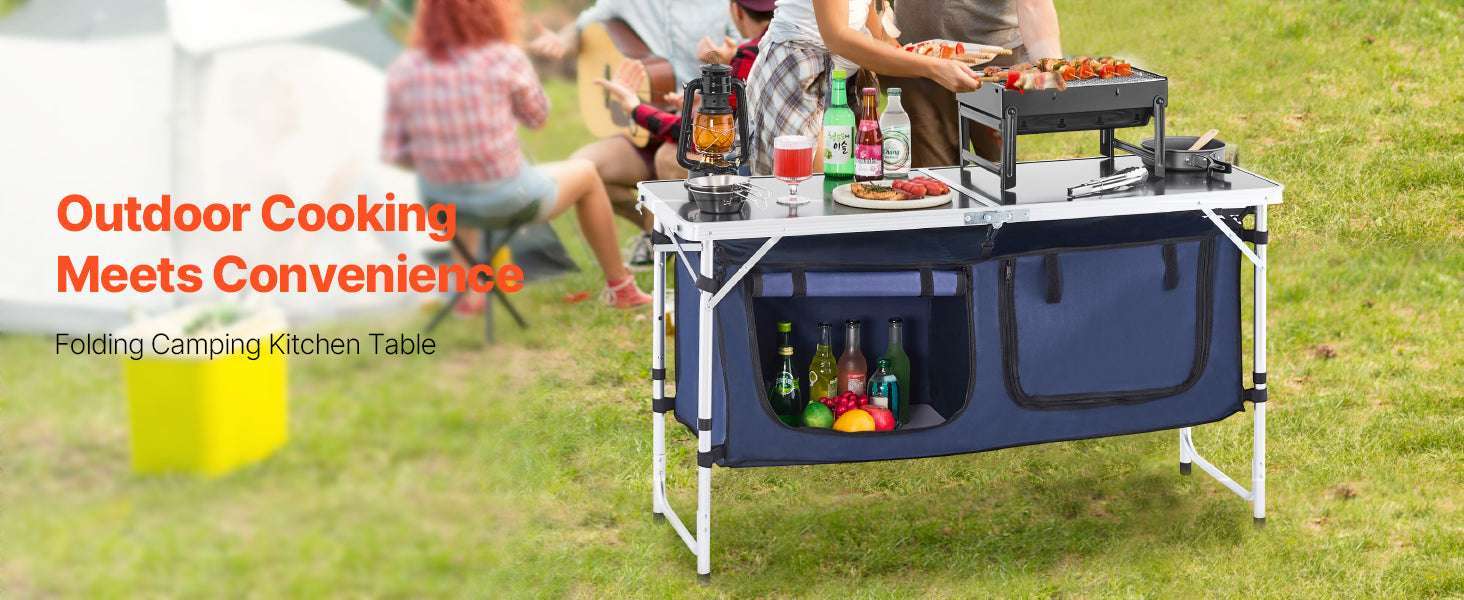 Folding Camping Kitchen Table with Storage & Adjustable Height-Blue / United States