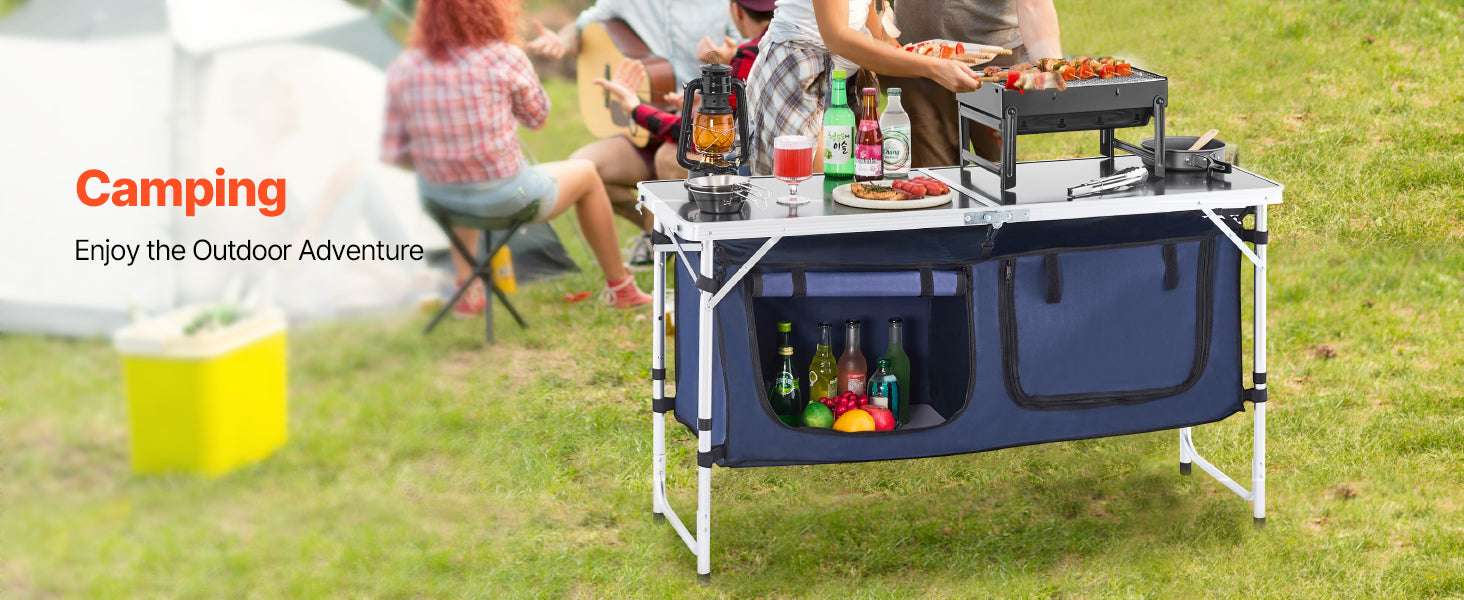 Folding Camping Kitchen Table with Storage & Adjustable Height-Blue / United States