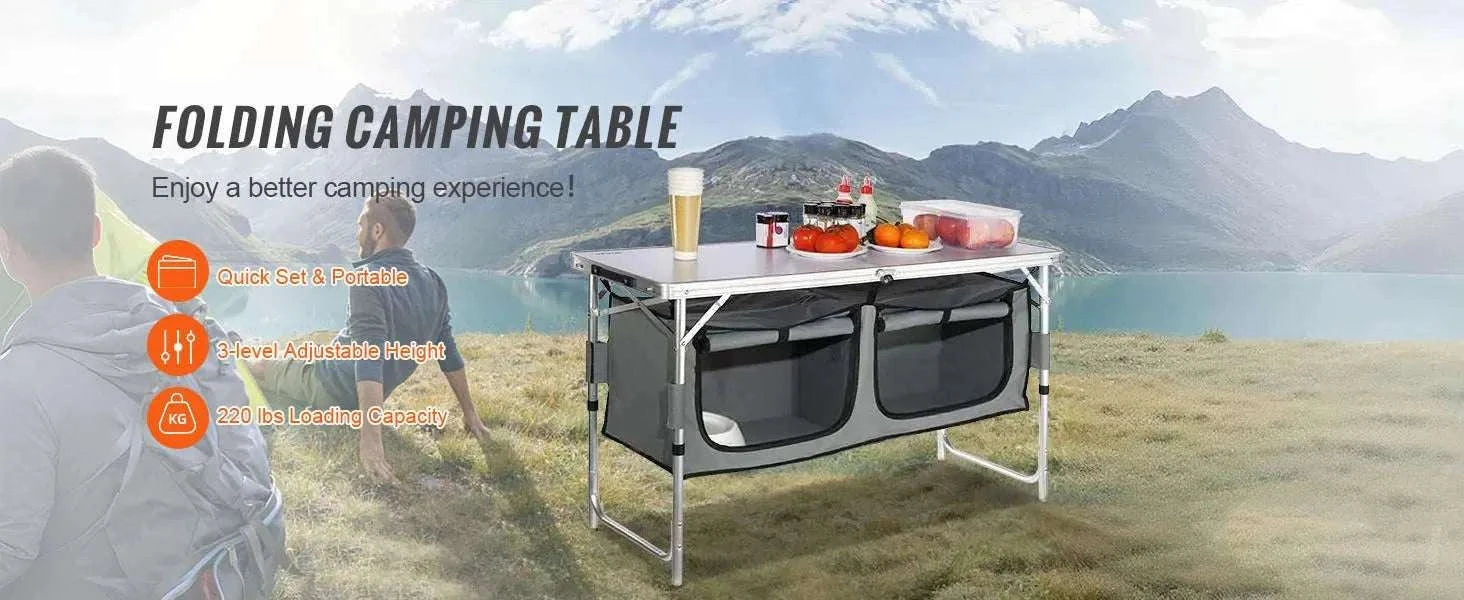 Folding Camping Kitchen Table with Storage & Adjustable Height-United States