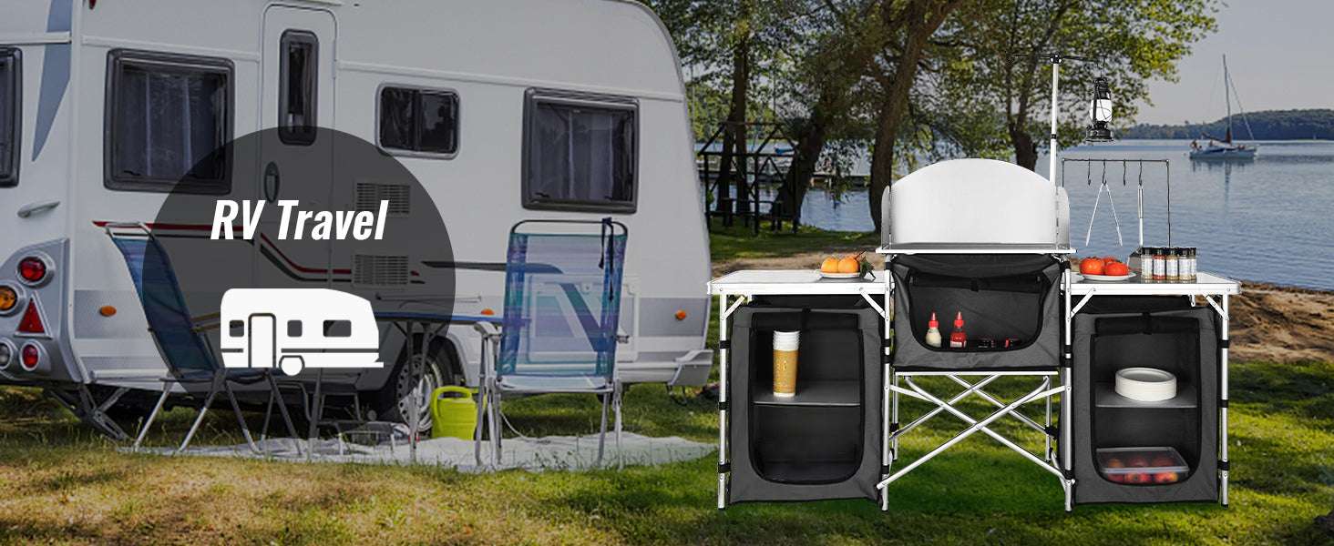 Folding Camping Kitchen Table with Storage and Windscreen-1 Cupboard / france