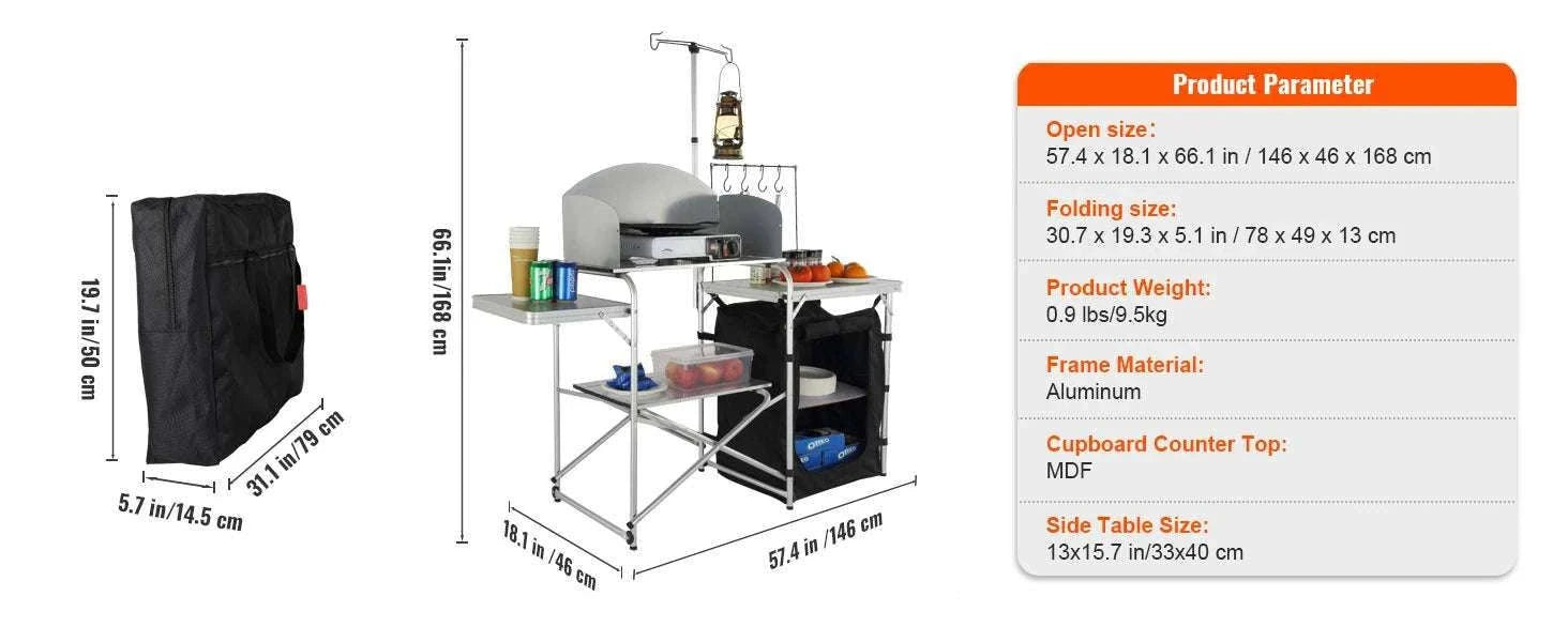 Folding Camping Kitchen Table with Storage and Windscreen-1 Cupboard / france