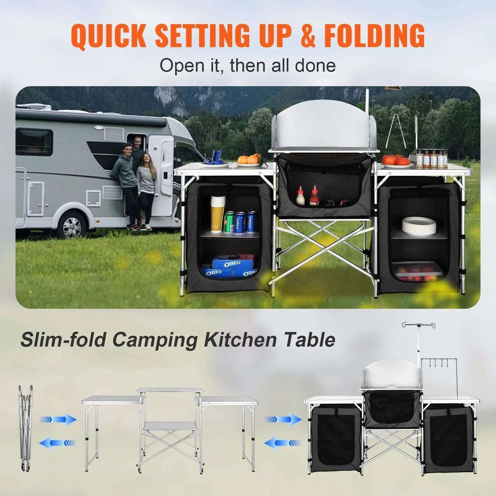 Folding Camping Kitchen Table with Storage and Windscreen-1 Cupboard / france
