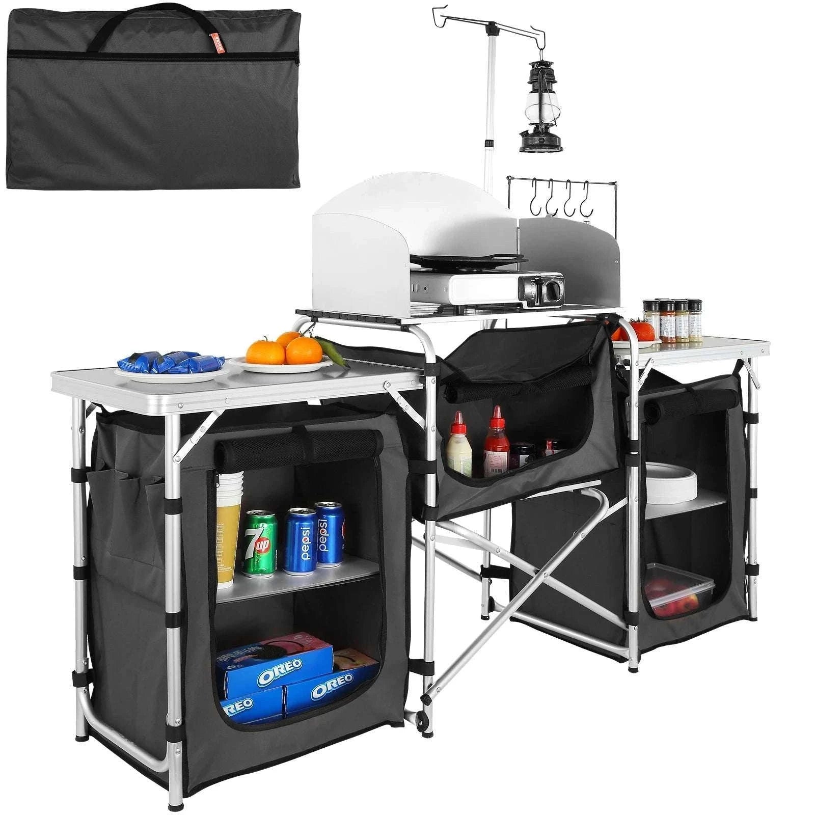 Folding Camping Kitchen Table with Storage and Windscreen-1 Cupboard / france