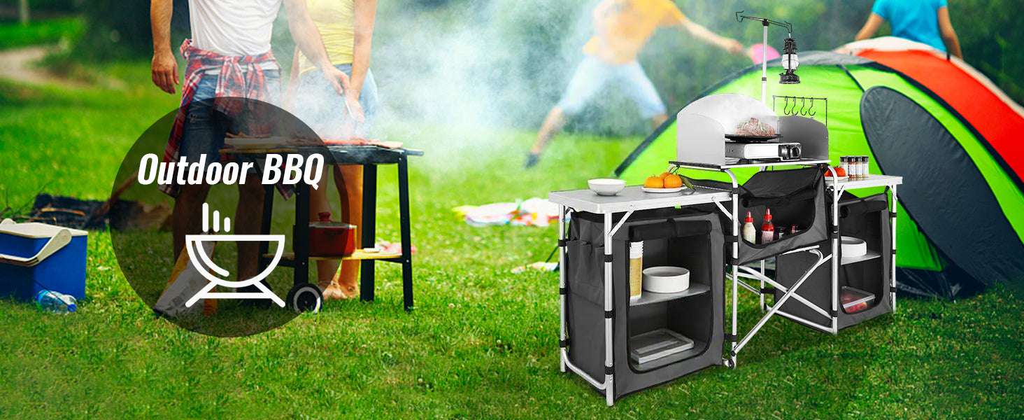 Folding Camping Kitchen Table with Storage and Windscreen-1 Cupboard / france