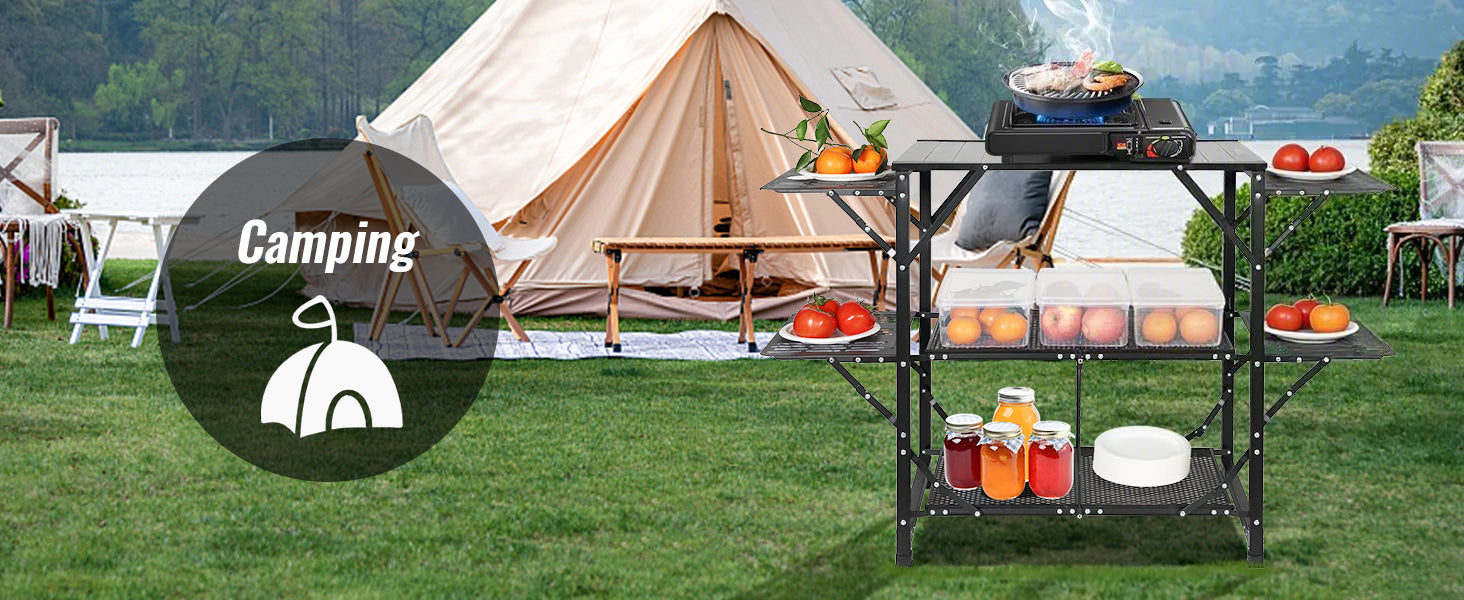 SucceBuy Camping-køkkentafel i ét stykke - sammenklappelig bærbar kogestation af aluminium til camping, udendørs picnics og BBQ