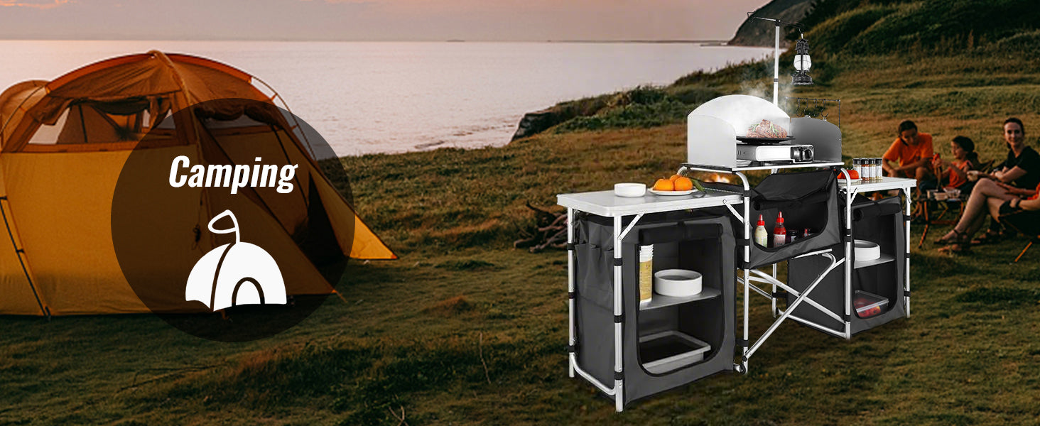 Table/étagère de camping SuccéBuy pliable pour cuisine : table de rangement de cuisson, support en aluminium en forme d’X pour barbecue, pique-nique et jardin