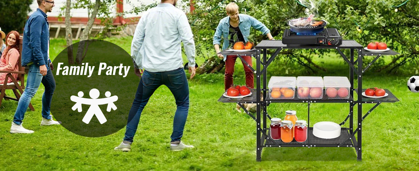 SucceBuy Camping-køkkentafel i ét stykke - sammenklappelig bærbar kogestation af aluminium til camping, udendørs picnics og BBQ