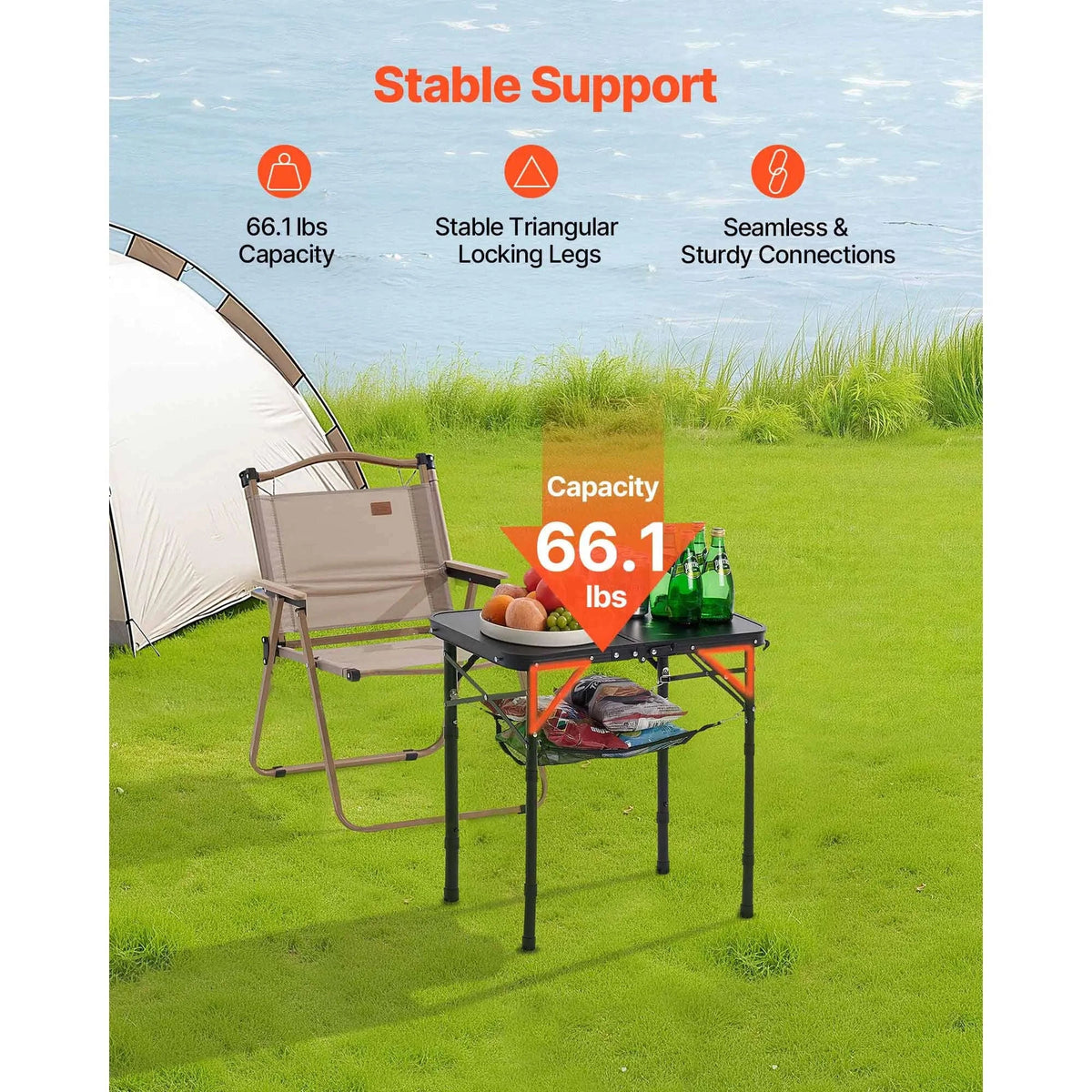 Folding Camping Table Adjustable Height Portable Side Table with Mesh Layer-Black / United States