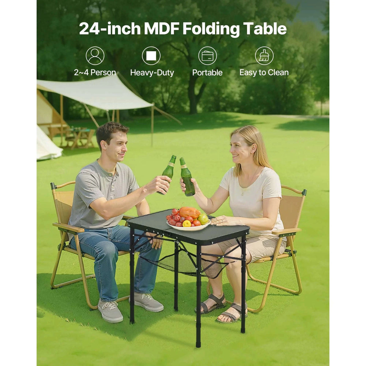 Folding Camping Table Adjustable Height Portable Side Table with Mesh Layer-Black / United States