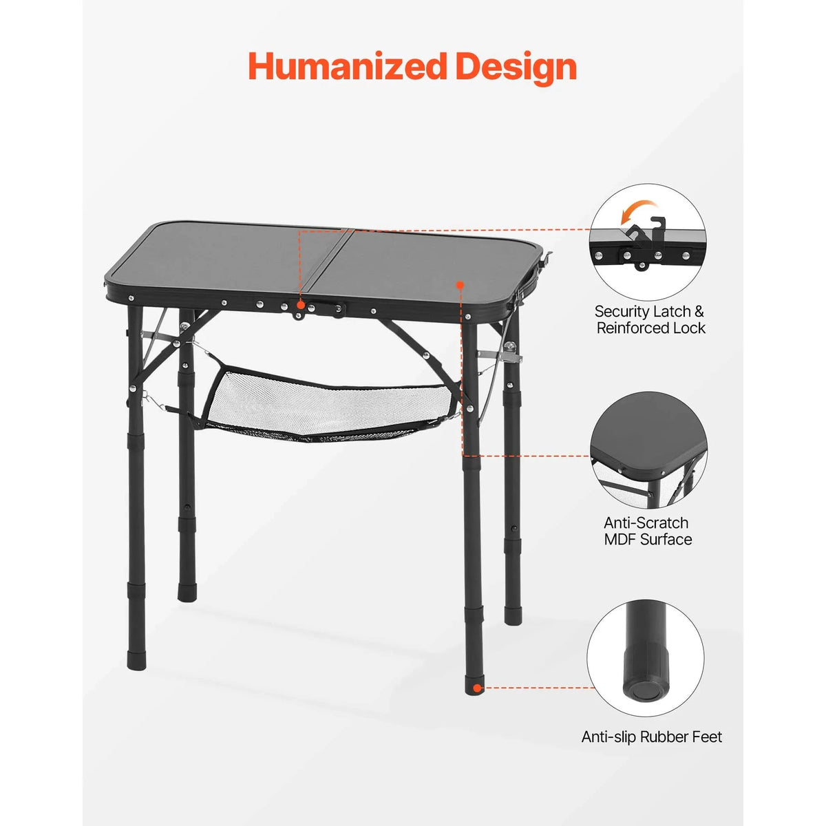 Folding Camping Table Adjustable Height Portable Side Table with Mesh Layer-Black / United States