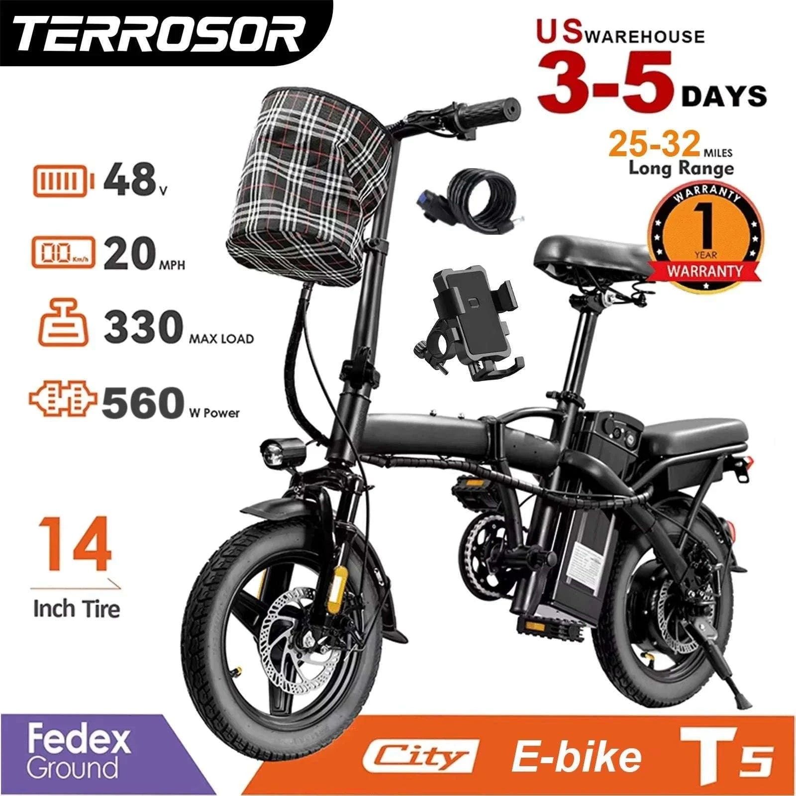 Folding Electric Bike 20MPH 560W Motor 48V Battery 32 Mile Range-Black / 48cm(165cm-170cm) / United States