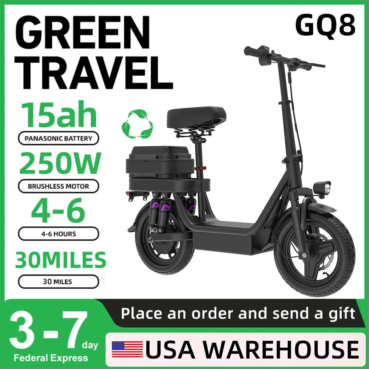 Folding Electric Bike with Seat, 48V Battery, 14" Tires, 25km/h-Black / 15A 48V / United States