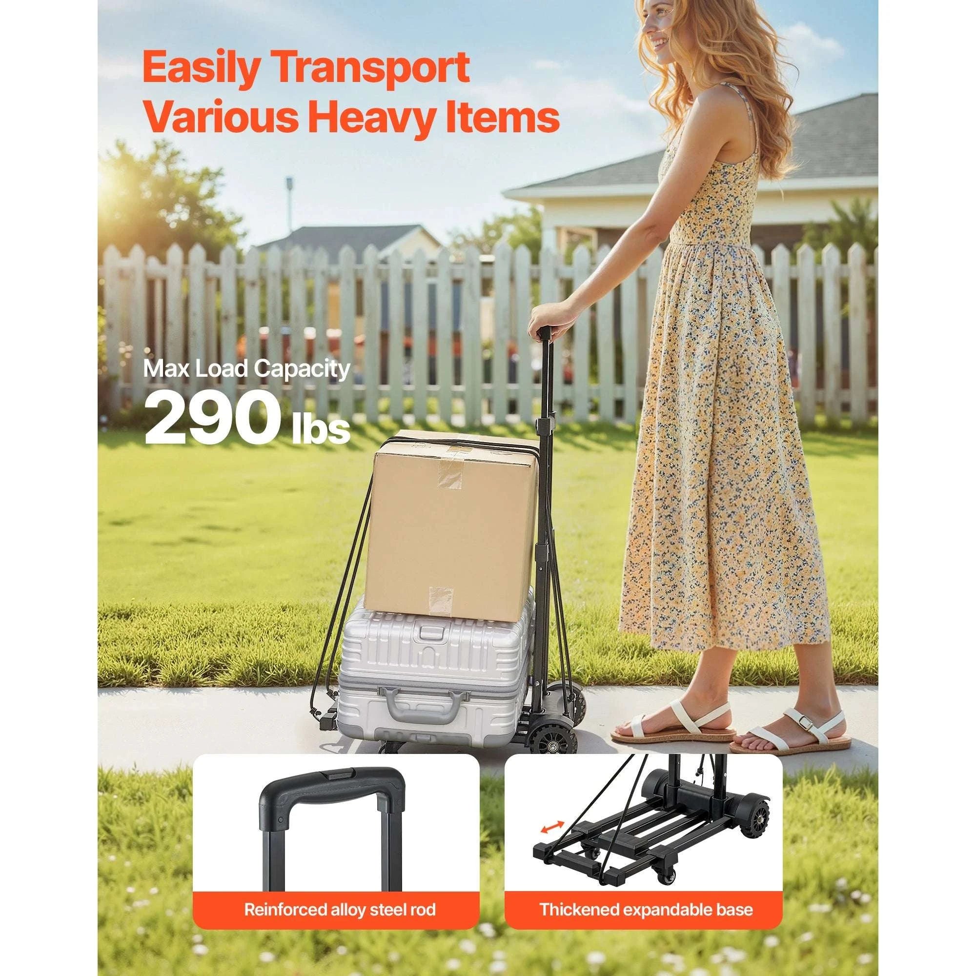 Folding Hand Truck 290lbs Capacity with 4 Wheels & Expandable Base-290 lbs / United States