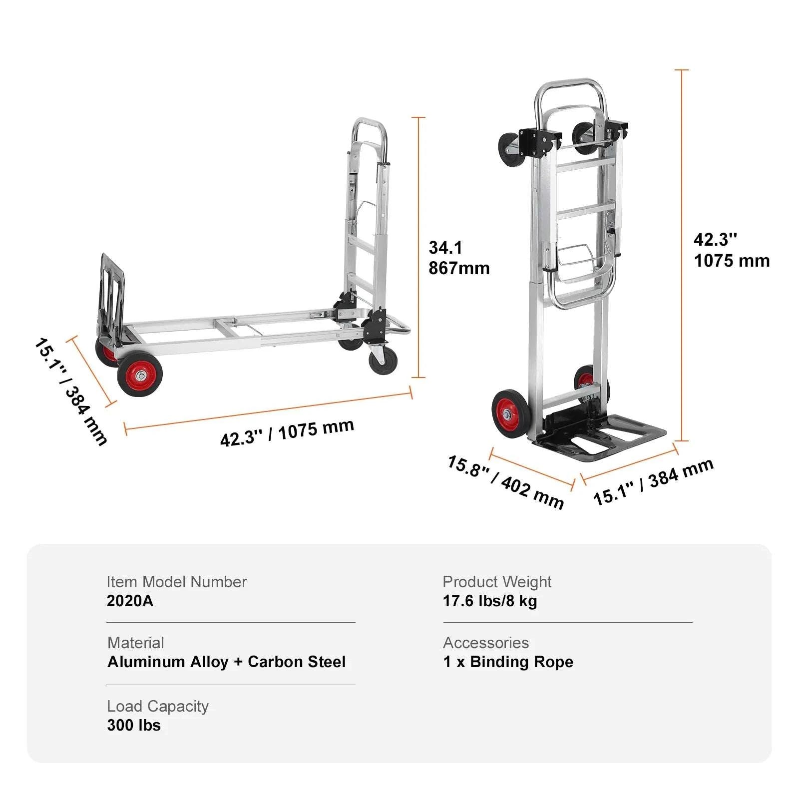 Folding Hand Truck Dolly 2-in-1 400 lb Capacity Convertible Cart-300 lbs Sliver / GERMANY