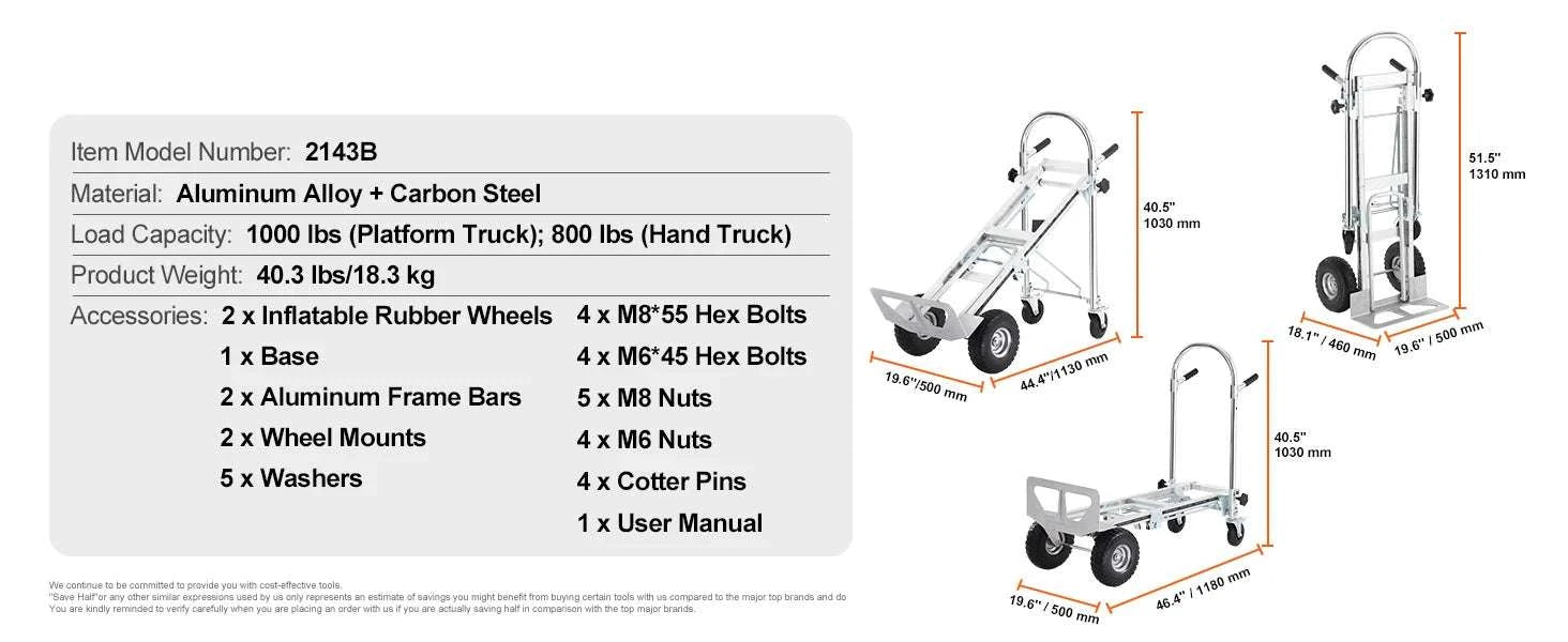 Folding Hand Truck Dolly 2-in-1 400 lb Capacity Convertible Cart-300 lbs Sliver / GERMANY