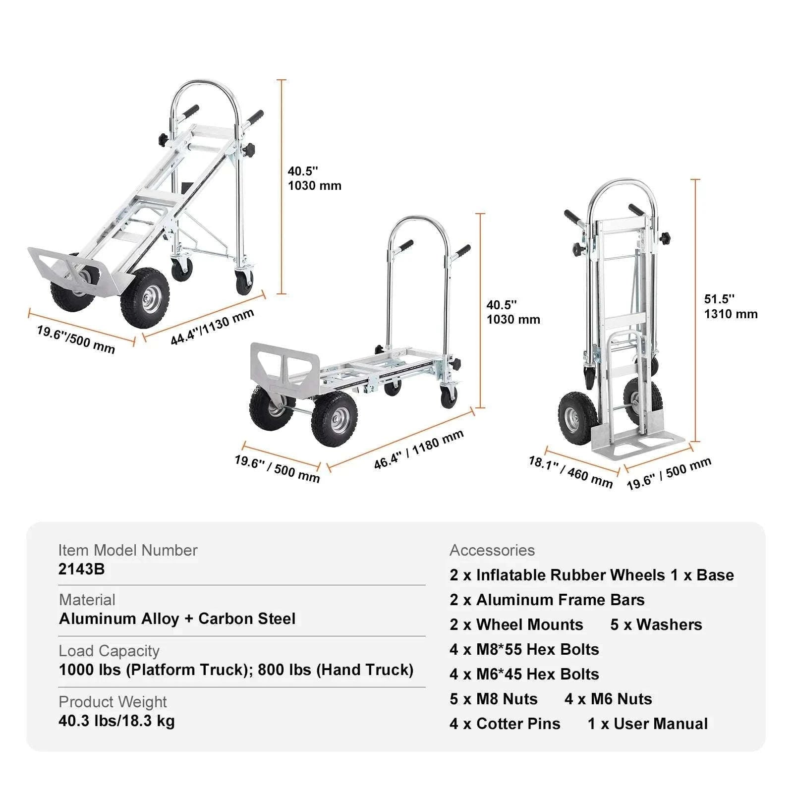Folding Hand Truck Dolly 2-in-1 400 lb Capacity Convertible Cart-300 lbs Sliver / GERMANY
