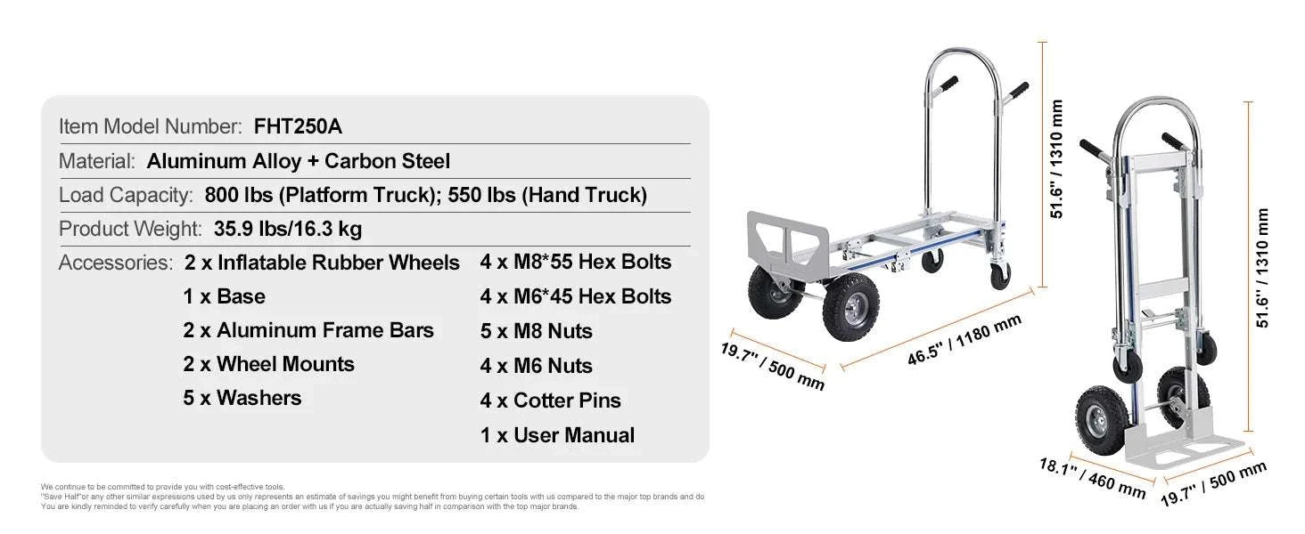 Folding Hand Truck Dolly 2-in-1 400 lb Capacity Convertible Cart-300 lbs Sliver / GERMANY