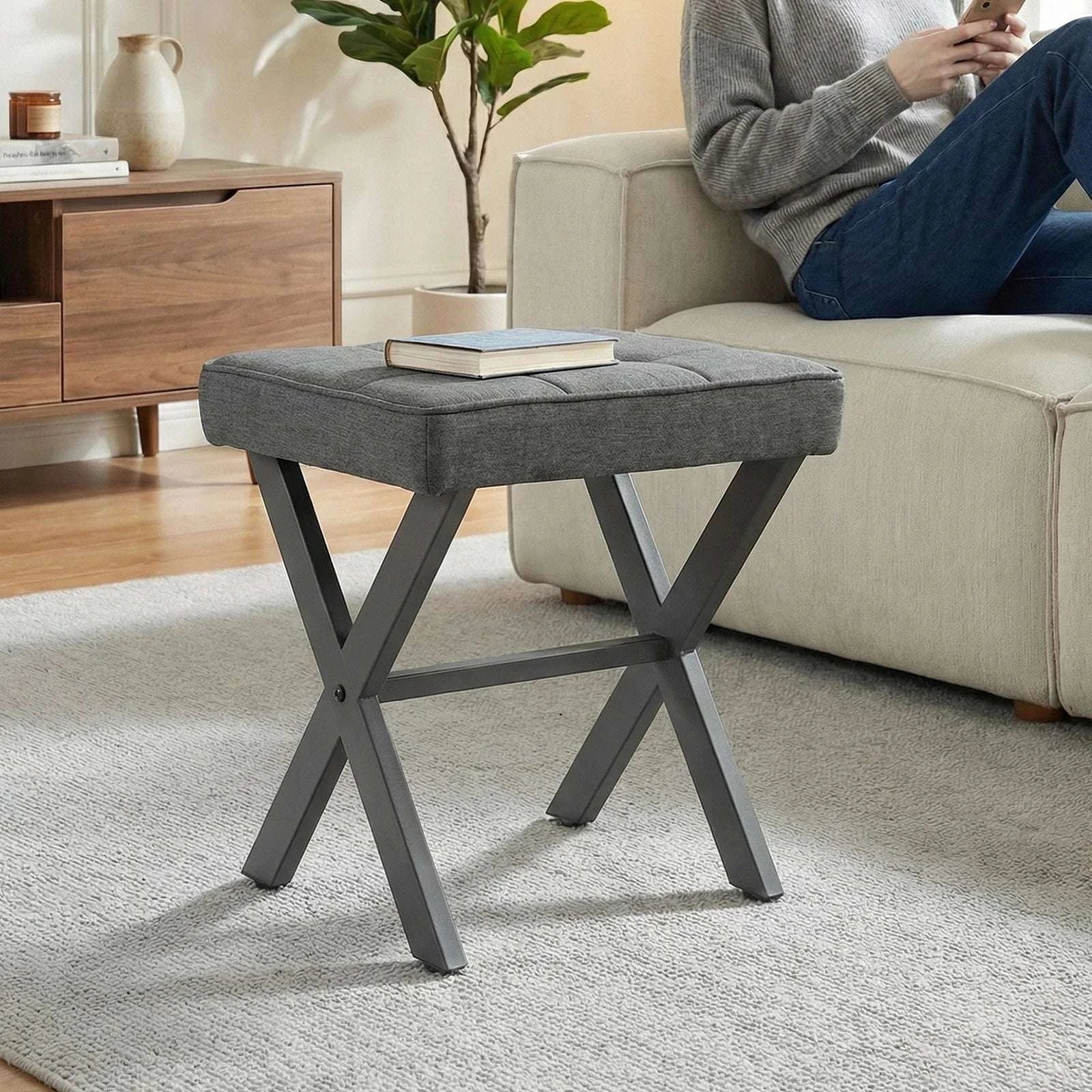 Folding Linen Ottoman with Storage & Metal Legs Padded Seat-DARK GRAY / United States