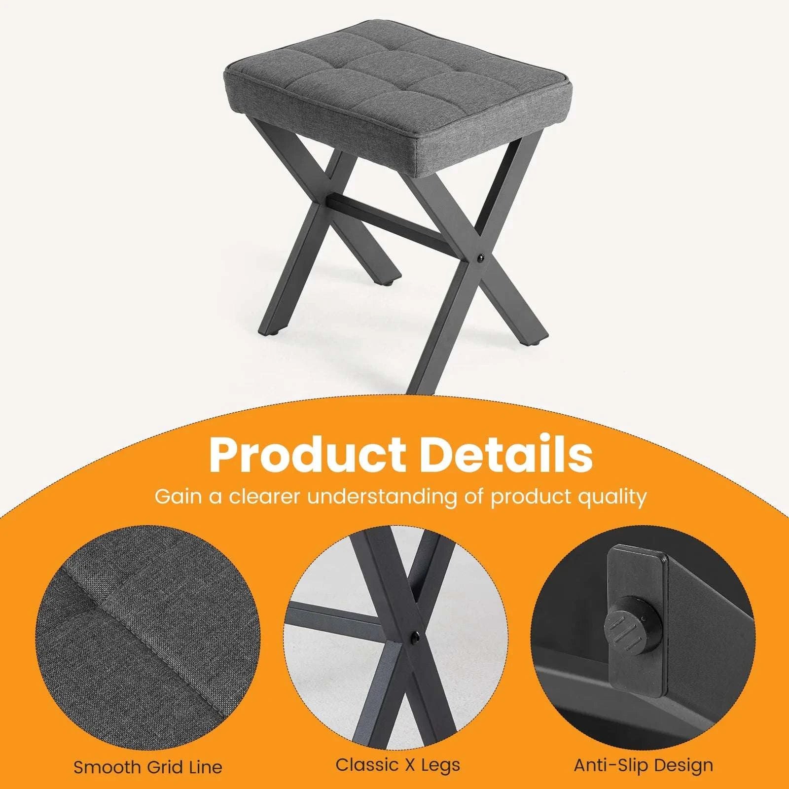 Folding Linen Ottoman with Storage & Metal Legs Padded Seat-DARK GRAY / United States
