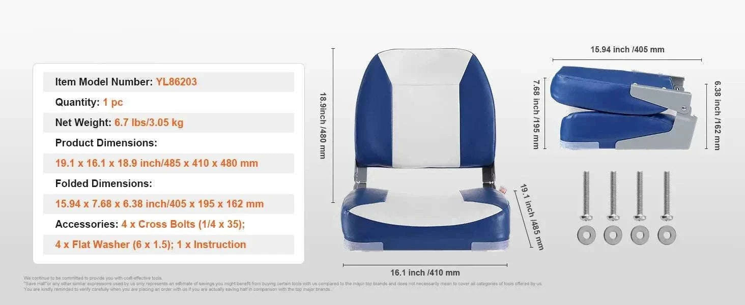 Folding Low Back Boat Seat 18.9" with Cushioned Support-1pcs / United States
