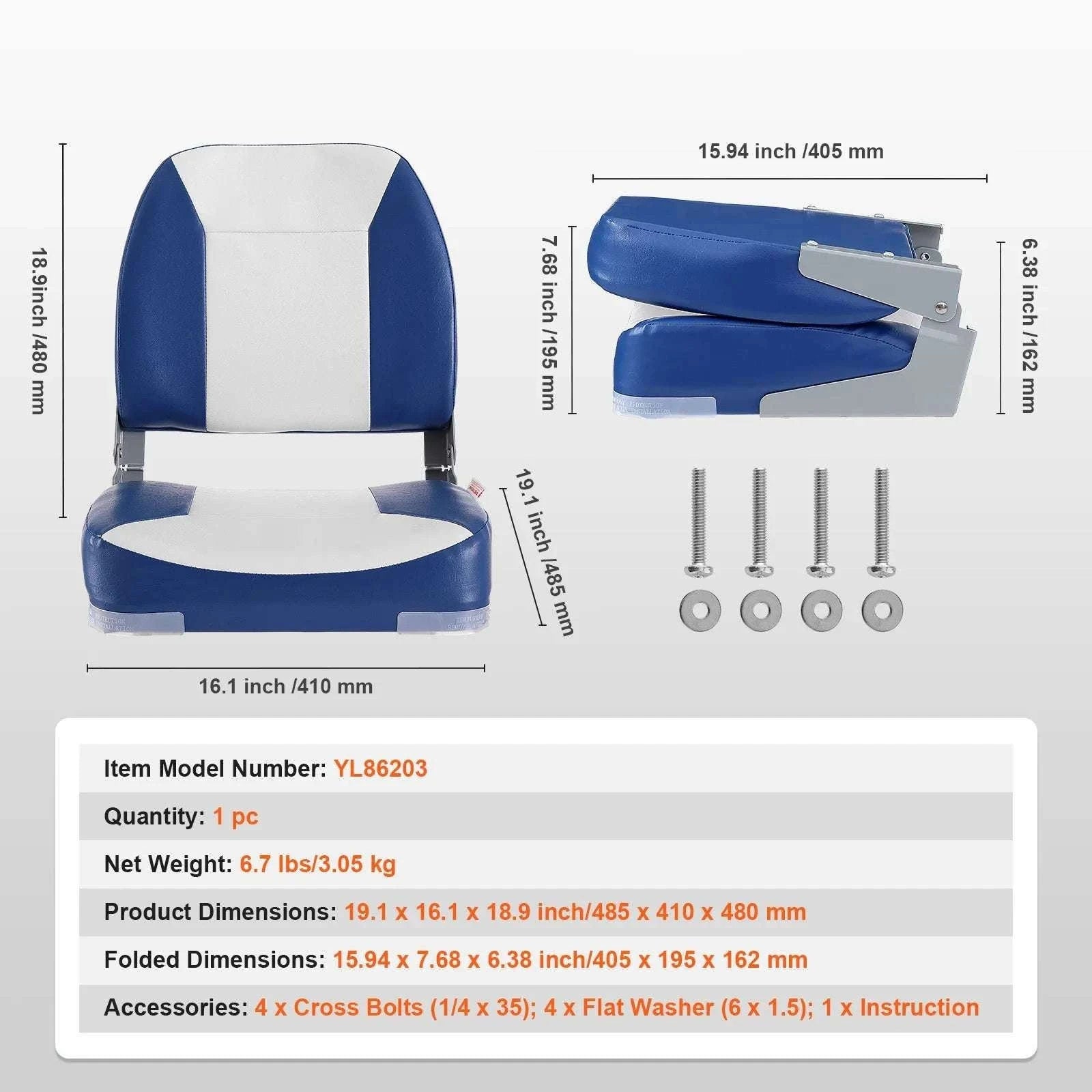 Folding Low Back Boat Seat 18.9" with Cushioned Support-1pcs / United States