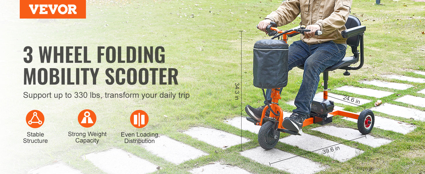 Scooter elettrico pieghevole a 3 ruote per anziani, mobility scooter portatile alimentato elettricamente, per terreni any-terrain, carrozzina da viaggio