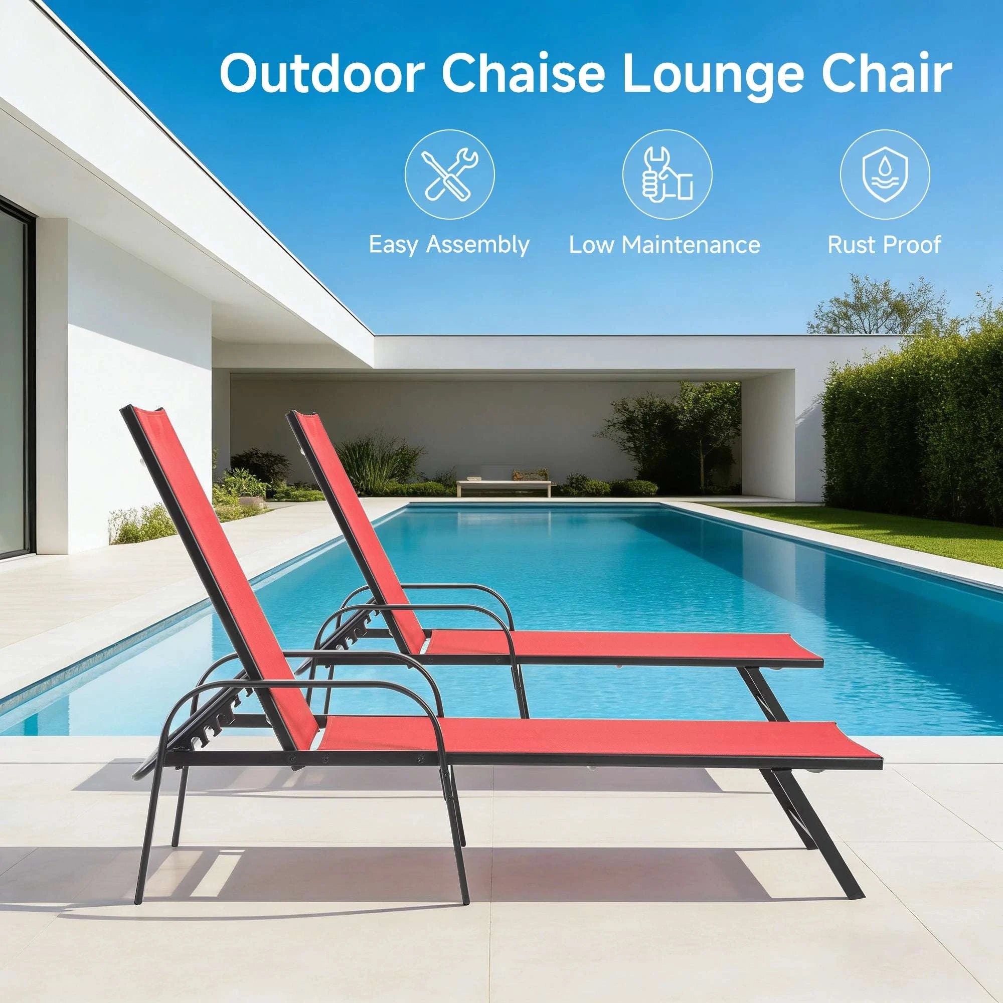 Folding Outdoor Recliner Chair with 5 Positions and Armrests-Red / United States