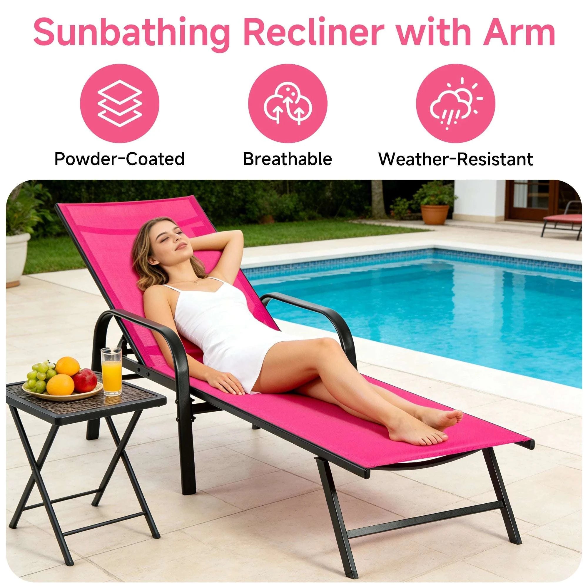 Folding Outdoor Recliner Chair with 5 Positions and Armrests-Red / United States