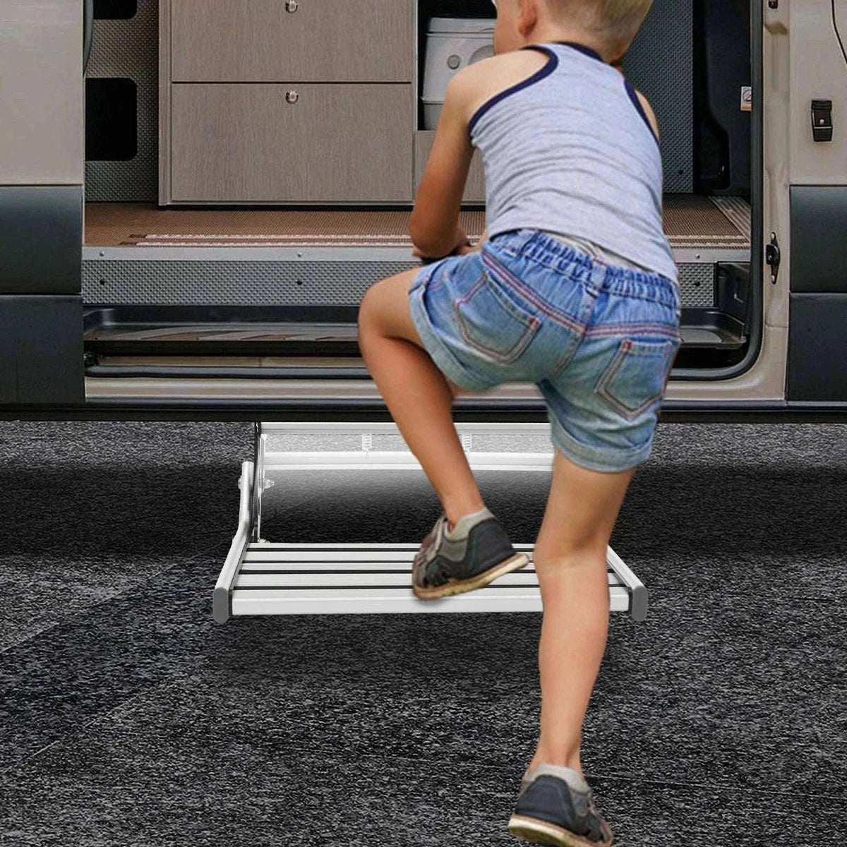 Folding RV Step Silver Aluminum Alloy 44cm with 12V LED Light-SILVER / france