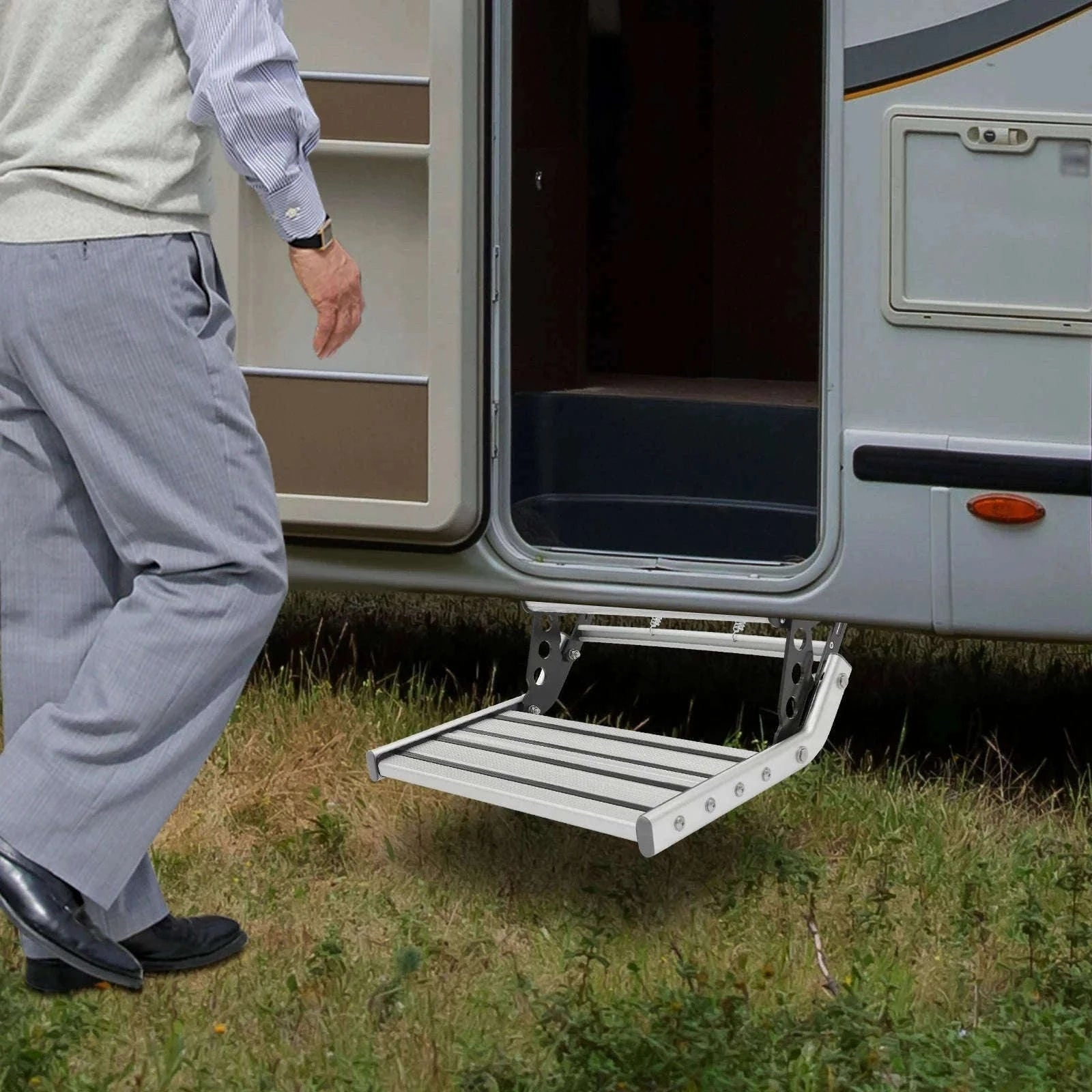 Folding RV Step Silver Aluminum Alloy 44cm with 12V LED Light-SILVER / france