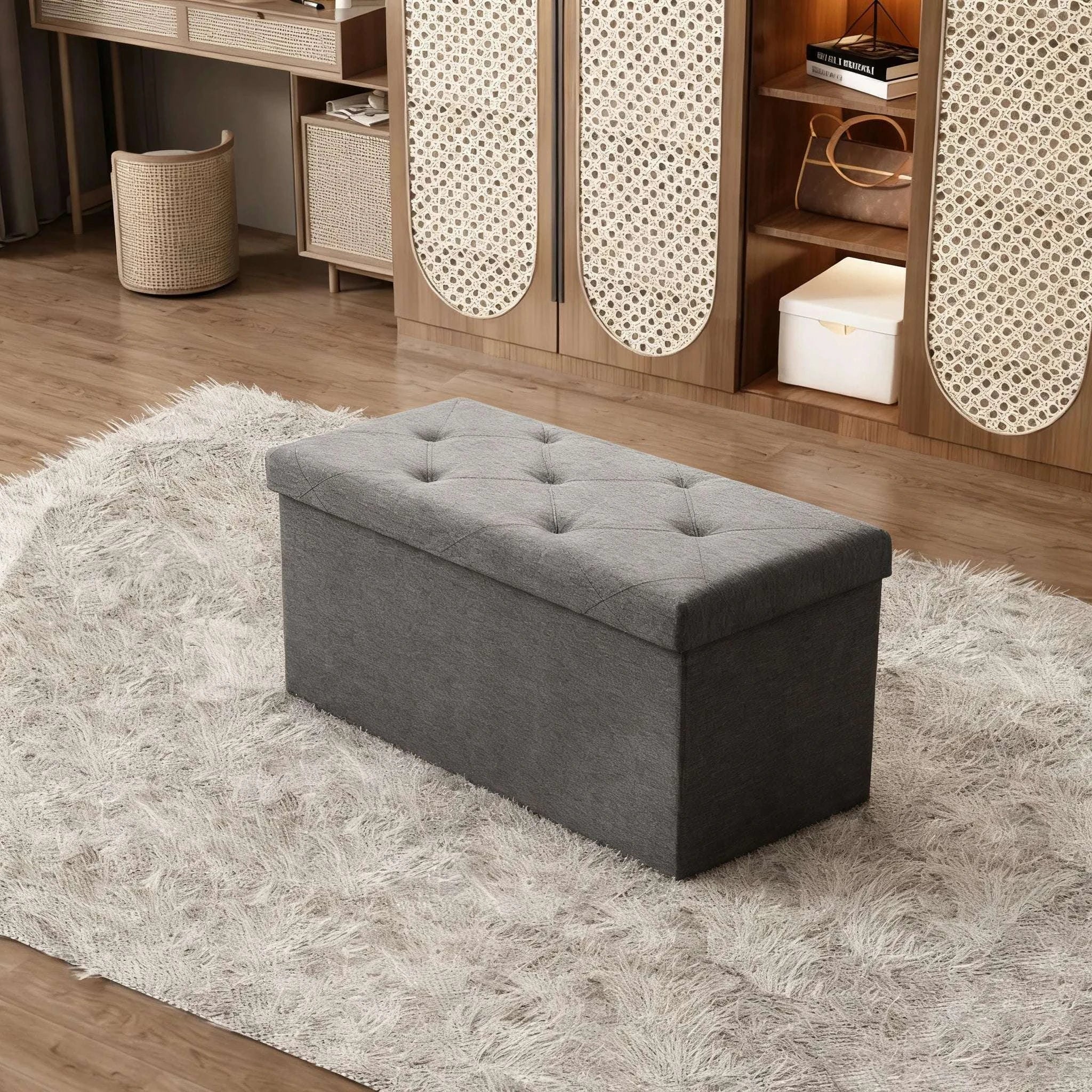 Folding Storage Ottoman Bench with Seat – Space-Saving Organizer-15 Grey / United States
