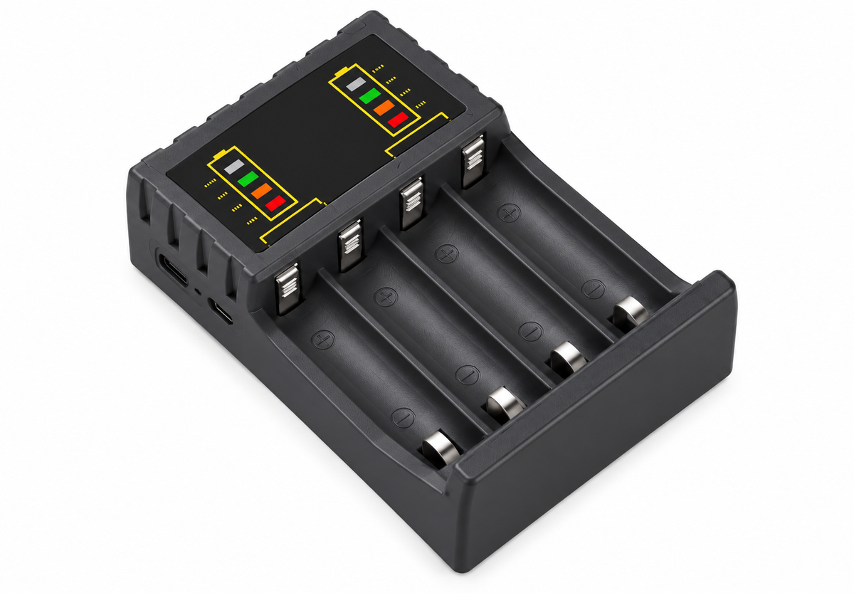 Black four-slot AA AAA charger with empty battery bays on white background