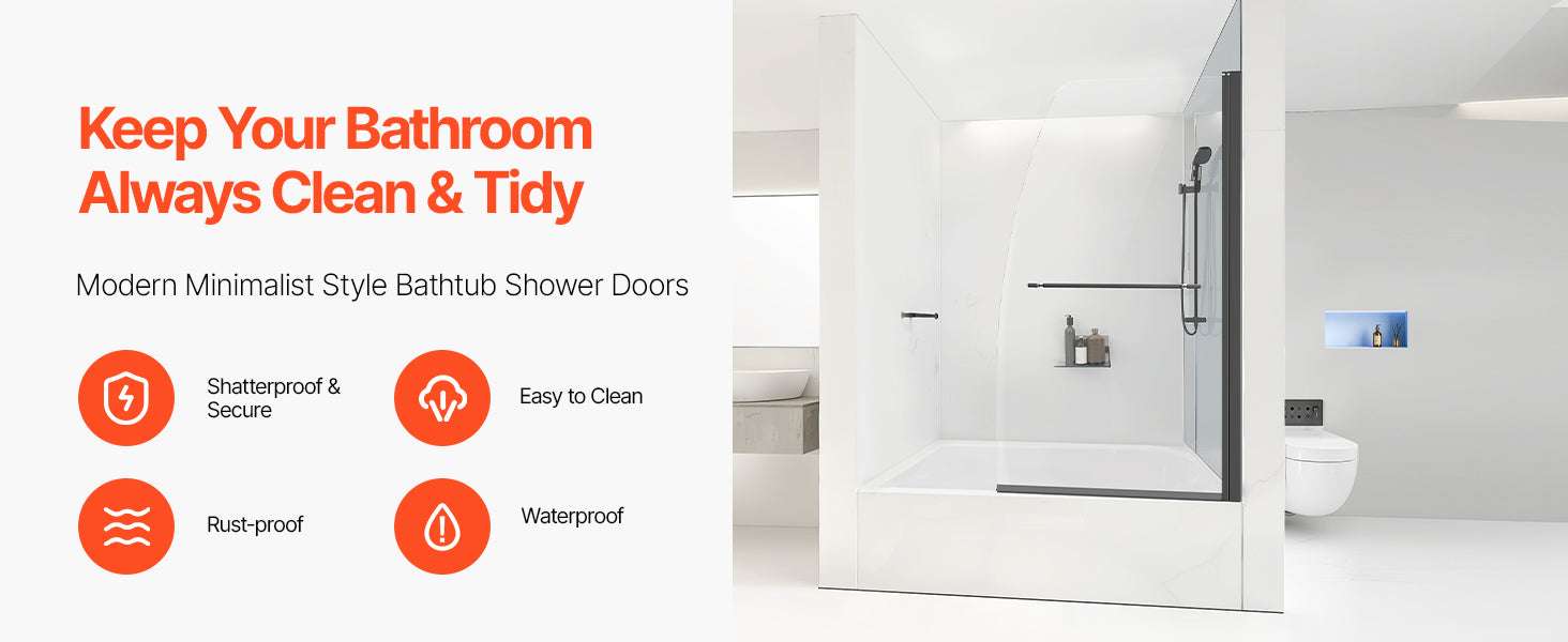 Frameless Bathtub Shower Door 34x55 Black Tempered Glass Screen-United States