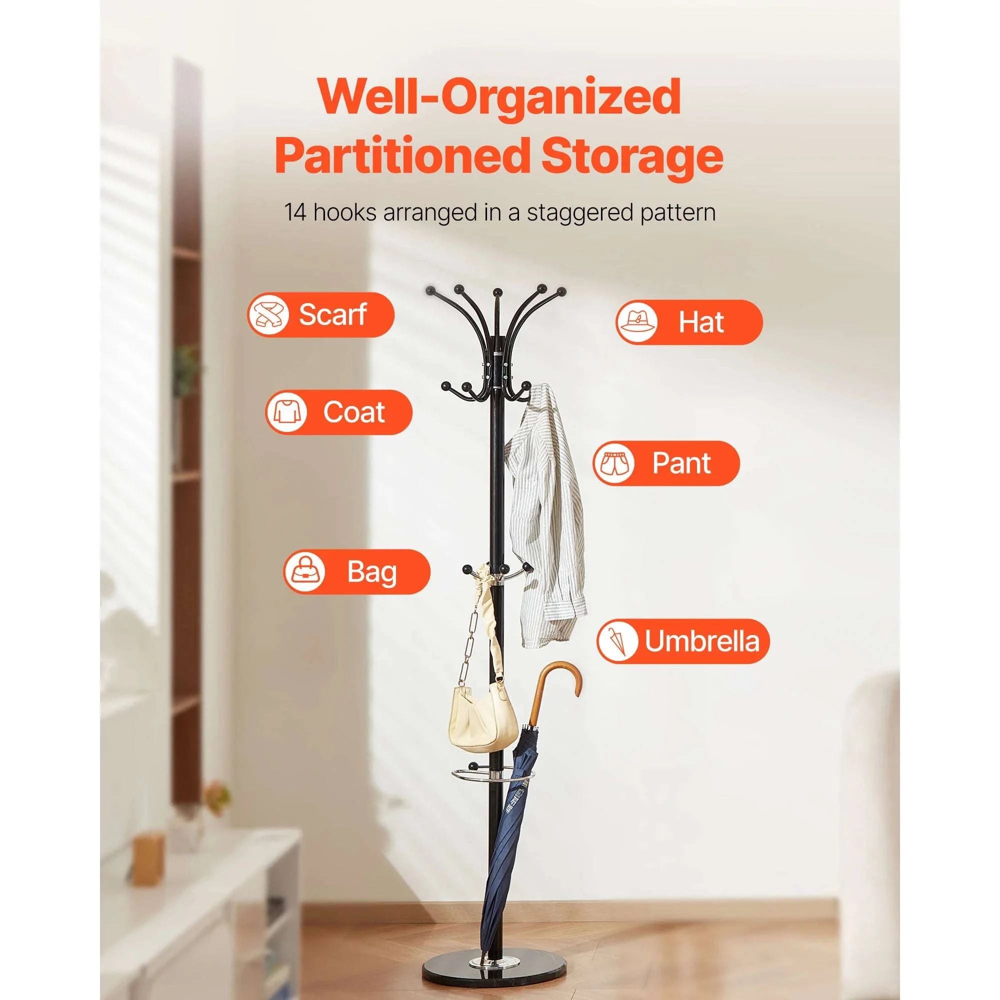 Freestanding Coat Rack with 14 Hooks & Marble Base Stand-14 Hooks / United States